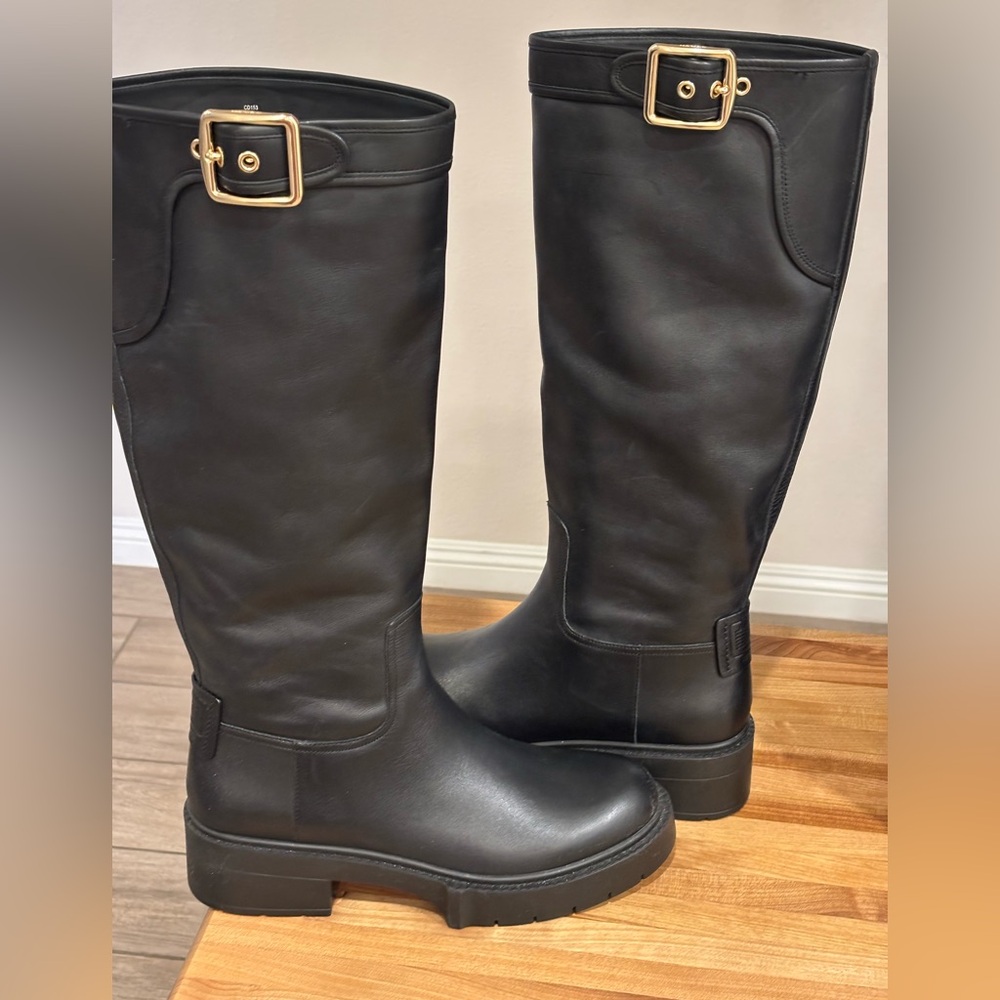 Coach Black Leather Over the Knee Boots with Gold Buckle